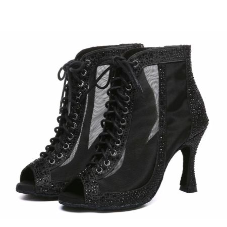 MUÑECA - botine negre cu strasuri si plasa cu sireturi si fermoar