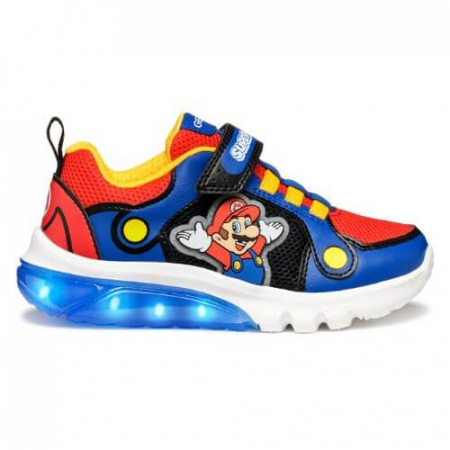 Geox - Pantofi copii baieti din material sintetic si textil Geox cu LED, personaj Mario, Albastru - J55LBF_01454_C0833
