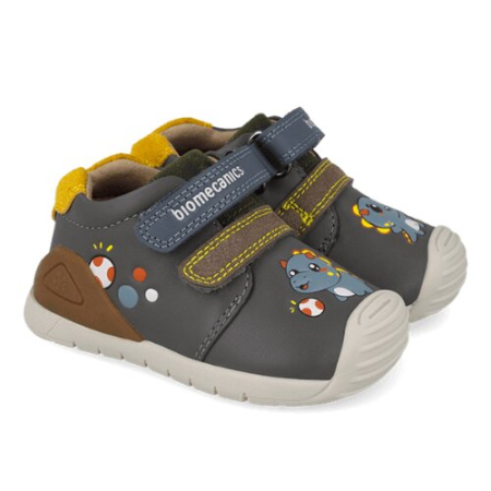 Pantofiori sport baieti - Ghete copii din piele Biomecanics, Gri Închis cu Dinozaur - 261128-B213