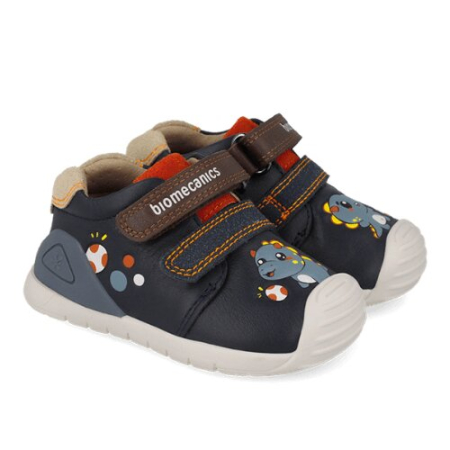 Pantofiori sport baieti - Pantofi copii din piele Biomecanics, Albastru Ocean cu Dinozaur - 261128-A183