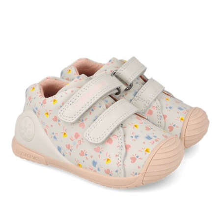 Pantofiori sport fete - Pantofi copii fete din piele Biomecanics, Alb-Crem cu Flori - 261102-C695