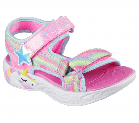 Colectie Primavara - Sandale copii fete cu LED din material sintetic Skechers, Roz - 303107-PKMT