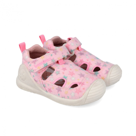 Sandale fetițe Biomecanics Biogateo 262177-A032 Roz din material textil respirabil. Încălțăminte barefoot primii pași cu imprimeu steluțe, velcro, stabilizator extern și zonă frontală protejată. [1]
