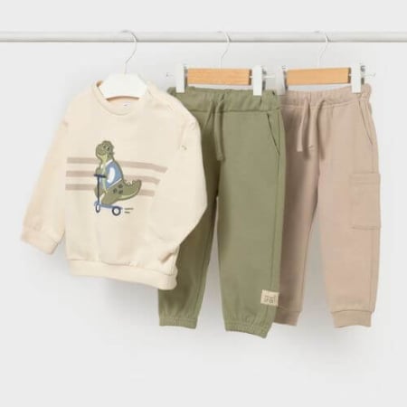Imbracaminte Copii - Set 3 piese hanorac cu pantaloni băieți Mayoral, Crem/Verde - 2831-023