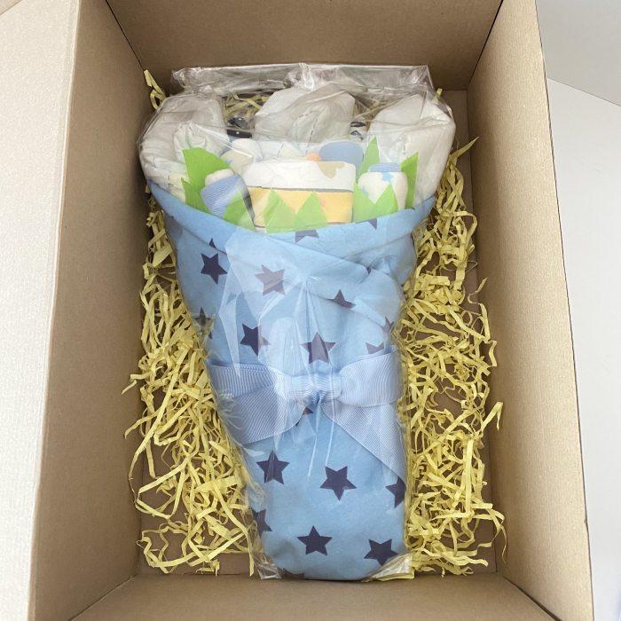 Buchet de flori din hăinuțe – Albastru cu stele, 9 piese pentru nou-născut băiețel [7]