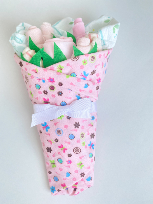 Buchet de flori din hăinuțe – cadou fetiță nou născut 9 piese [4]