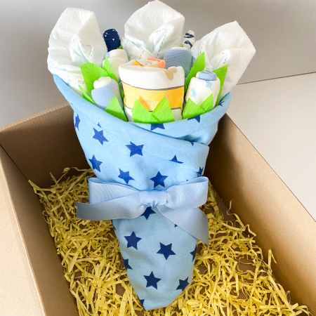 Buchet de flori din hăinuțe – Albastru cu stele, 9 piese pentru nou-născut băiețel [5]