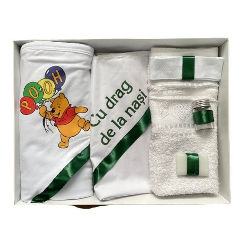 Trusou de botez, 6 piese, Winnie cu baloane, verde, imprimat [1]
