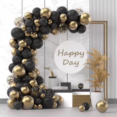 Seturi si Arcade Baloane - Baloane decorative Arcada Set din 107 baloane, din latex, baloane cu confetii, Negru Auriu