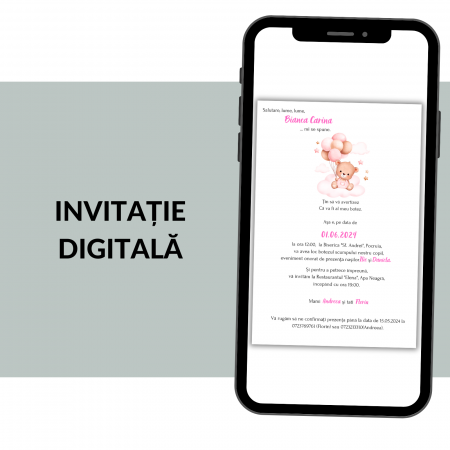 Invitatii botez digitale - Invitatie Botez Digitala: Pink Bear