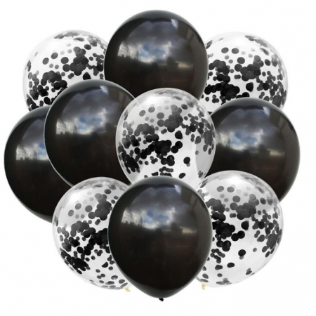 Baloane Latex - Set 10 Baloane din Latex, Model Party Confetti, 5 x Confetti, 5 x Negru, 25 cm, 2.2g