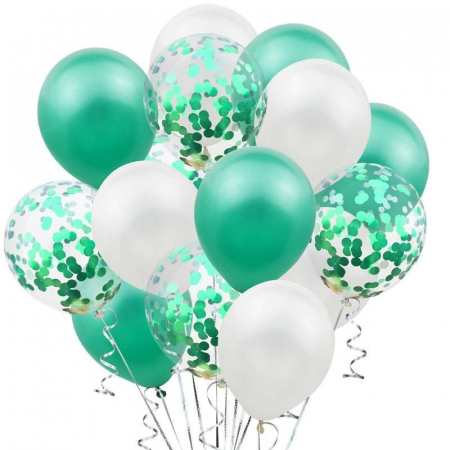 Baloane Latex - Set 15 baloane pentru petrecere, alb/verde, 30 cm