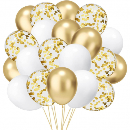 Baloane Latex - Set 16 Baloane din Latex, 30 cm, Alb, Auriu, Transparent Confetti, 2.8 g