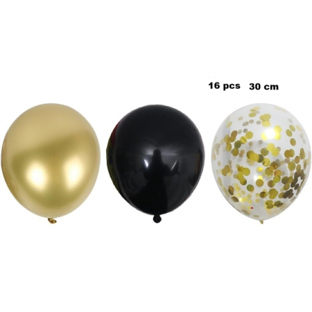 Set 16 Baloane din Latex, 30 cm, Auriu, Negru, Confetti, 2.8 g [1]