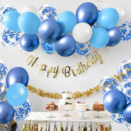 Set 16 Baloane din Latex Metalizate, 30 cm, Alb, Albastru, Albastru Chrome, Transparent Confetti 2.8 g [3]