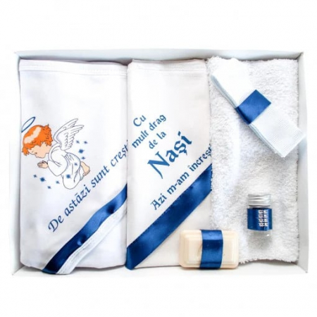 Trusouri botez - Trusou de botez, 6 piese Ingeras imprimat, cu accesorii bleumarin