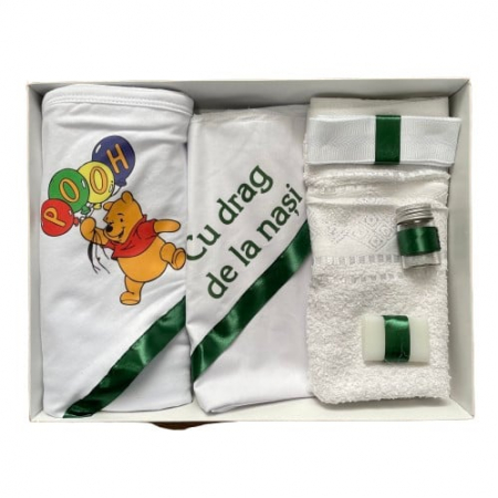 Trusouri botez - Trusou de botez, 6 piese, Winnie cu baloane, verde, imprimat
