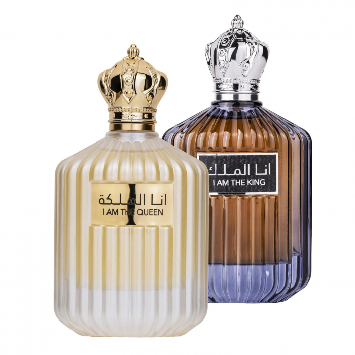 Set I Am The Queen + I Am The King de la Lattafa conține două parfumuri arabesti, 100ml fiecare, cu vanilie, condimente, ambroxan și lemn de cedru. [1]