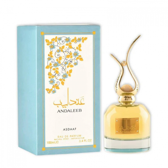 Andaleeb de la Asdaaf este un parfum arabesc pentru femei de 100ml, cu arome de fructe dulci, flori albe și caramel, o aromă caldă și gurmandă cu accente florale. [3]