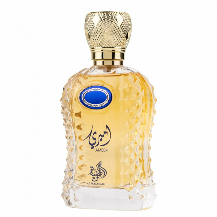 Ameeri de la Al Wataniah este un parfum arabesc pentru bărbați, 100ml, cu grapefruit, piersică, vanilie și cedru – revigorant, fructat și masculin. [2]