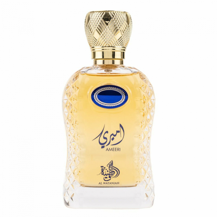 Ameeri de la Al Wataniah este un parfum arabesc pentru bărbați, 100ml, cu grapefruit, piersică, vanilie și cedru – revigorant, fructat și masculin. [1]