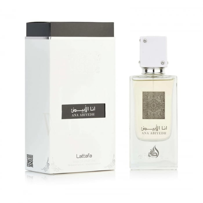 Ana Abiyedh White de la Lattafa este un parfum arabesc pentru femei de 60ml, cu mosc alb, cypriol și oud cu o aromă rară, proaspătă și persistentă. [4]