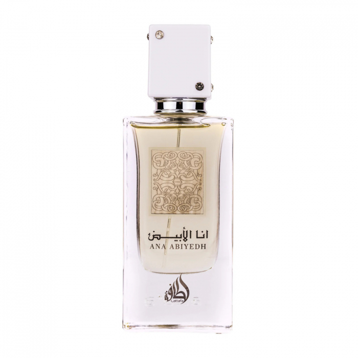 Ana Abiyedh White de la Lattafa este un parfum arabesc pentru femei de 60ml, cu mosc alb, cypriol și oud cu o aromă rară, proaspătă și persistentă. [1]