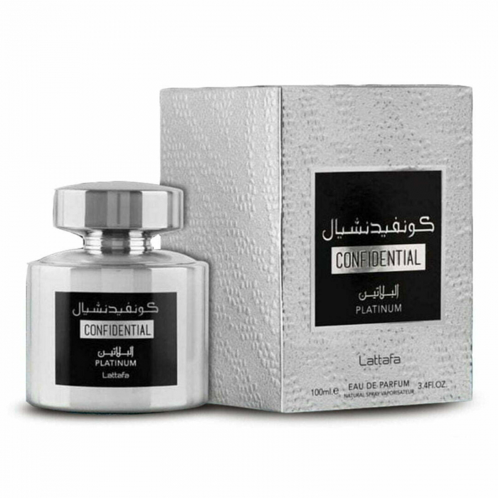 Confidential Platinum de la Lattafa este un parfum arabesc pentru bărbați, 100ml, cu ceai verde, iris și santal – elegant, proaspăt și discret rafinat. [3]