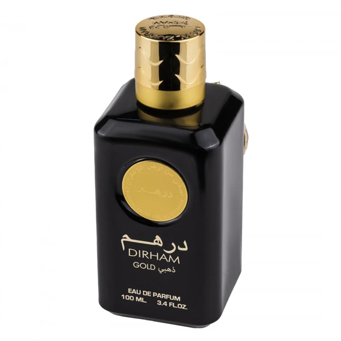 Dirham Gold de la Ard Al Zaafaran este un parfum arabesc unisex, 100ml, cu aroma de ananas, trandafir și tonka, o compoziție floral-orientală intensă și lemnoasă. [3]