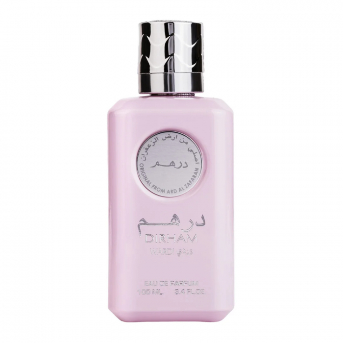 Dirham Wardi de la Ard Al Zaafaran este un parfum arabesc pentru femei, 100ml, cu zambile, trandafir și crini, o compoziție florală proaspătă și elegantă. [1]