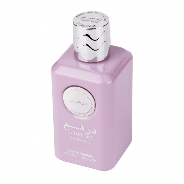 Dirham Wardi de la Ard Al Zaafaran este un parfum arabesc pentru femei, 100ml, cu zambile, trandafir și crini, o compoziție florală proaspătă și elegantă. [3]