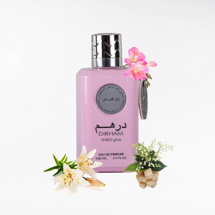 Dirham Wardi de la Ard Al Zaafaran este un parfum arabesc pentru femei, 100ml, cu zambile, trandafir și crini, o compoziție florală proaspătă și elegantă. [4]