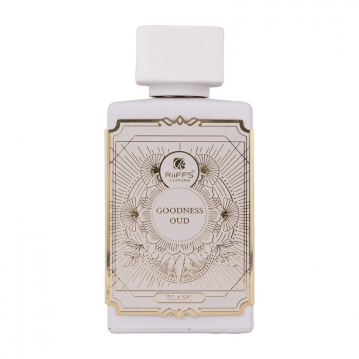 Goodness Oud Blanc de la Riiffs este un parfum arabesc pentru femei, 100ml, cu sare, trandafir turcesc și chihlimbar – delicat, floral și sofisticat. [1]