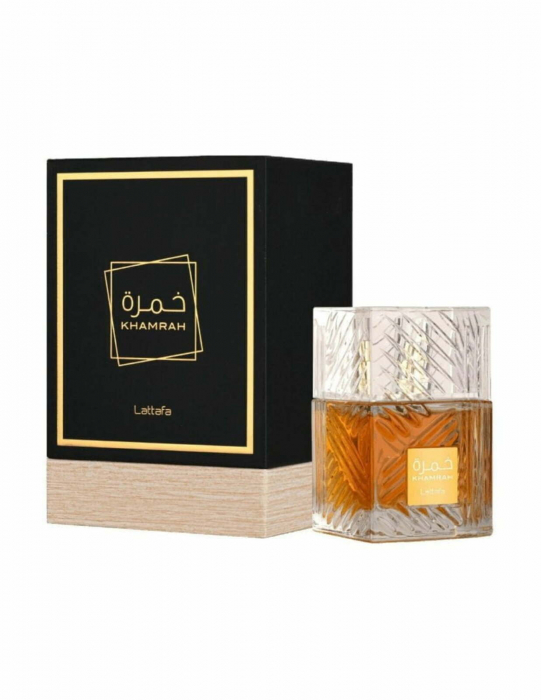 Khamrah de la Lattafa este un parfum arabesc unisex, 100ml, cu cognac, scorțișoară, tonka și vanilie – cald, picant și rafinat. [4]