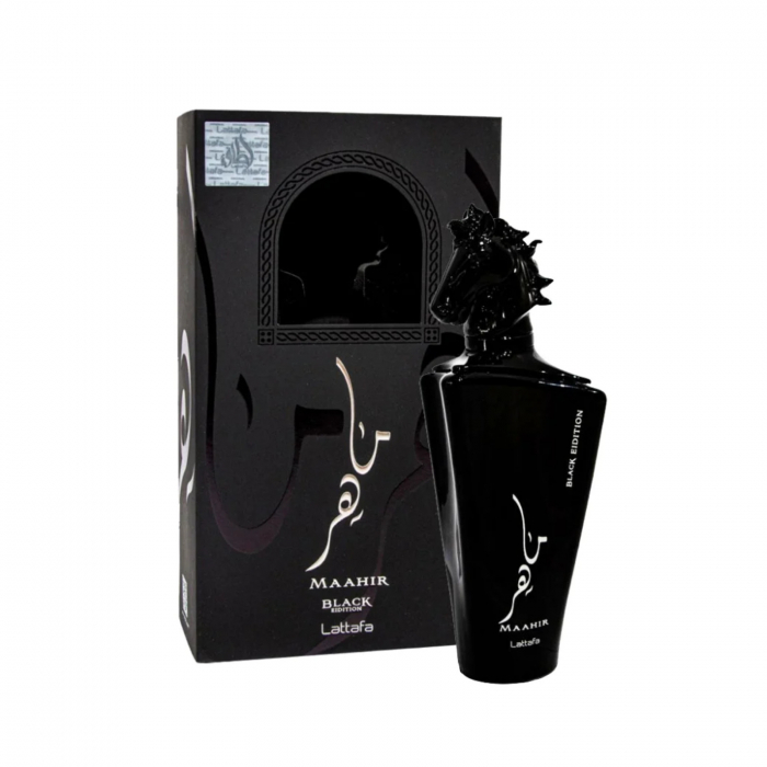 Maahir Black Edition de la Lattafa este un parfum arabesc pentru bărbați, 100ml, cu cuișoare, lavandă și oud, o aromă masculină intensă, fumurie și elegantă. [3]