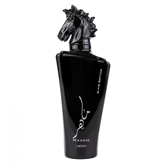 Maahir Black Edition de la Lattafa este un parfum arabesc pentru bărbați, 100ml, cu cuișoare, lavandă și oud, o aromă masculină intensă, fumurie și elegantă. [1]