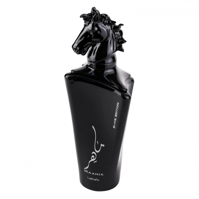 Maahir Black Edition de la Lattafa este un parfum arabesc pentru bărbați, 100ml, cu cuișoare, lavandă și oud, o aromă masculină intensă, fumurie și elegantă. [2]