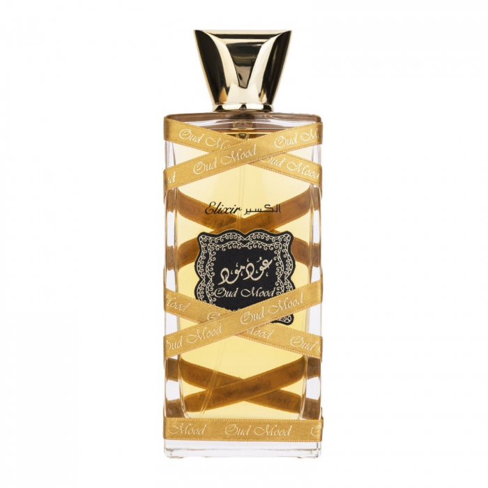 Oud Mood Gold de la Lattafa este un parfum arabesc pentru femei, 100ml, cu caramel, oud și note de piele – intens, gurmand și senzual oriental. [1]