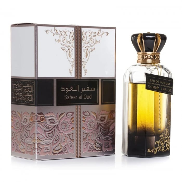 Safeer Al Oud de la Ard Al Zaafaran este un parfum arabesc unisex, 100ml, cu oud, șofran și patchouli, o compoziție lemnos-orientală, intensă și elegantă. [4]