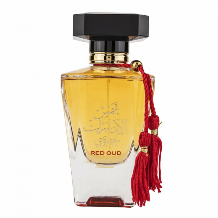 Shams Al Emarat Khususi Red Oud de la Ard Al Zaafaran este un parfum arabesc pentru femei, 100ml, cu piper, oud și santal – intens, cald și puternic. [1]