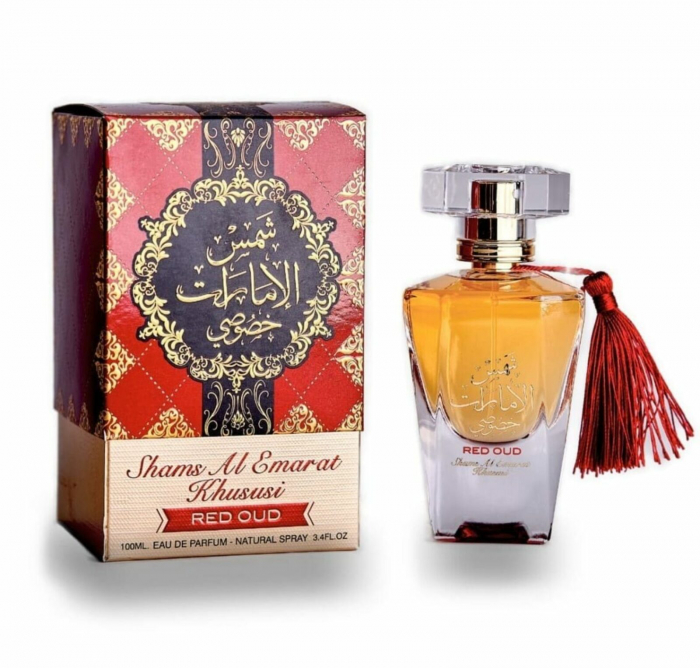 Shams Al Emarat Khususi Red Oud de la Ard Al Zaafaran este un parfum arabesc pentru femei, 100ml, cu piper, oud și santal – intens, cald și puternic. [4]