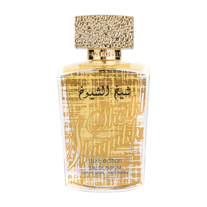 Sheikh Al Shuyukh Luxe Edition de la Lattafa este un parfum arabesc unisex, 100ml, cu vanilie, patchouli și șofran, o aromă gurmand-orientală intensă și luxoasă. [1]