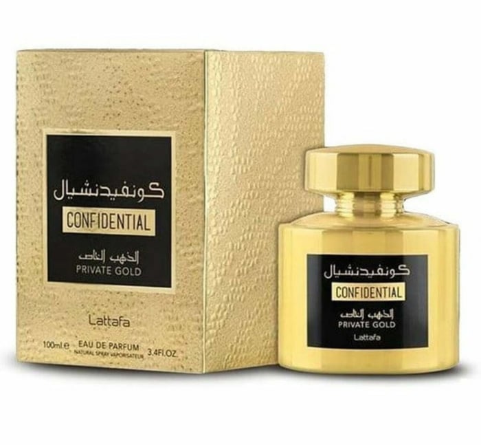 Confidential Private Gold de la Lattafa este un parfum arabesc unisex, 100ml, cu note de mandarină, ananas și santal. Are o aromă floral-fructată proaspătă și rafinată. [2]