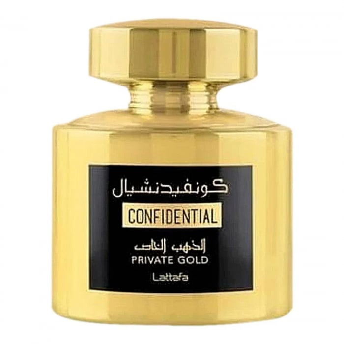 Confidential Private Gold de la Lattafa este un parfum arabesc unisex, 100ml, cu note de mandarină, ananas și santal. Are o aromă floral-fructată proaspătă și rafinată. [1]