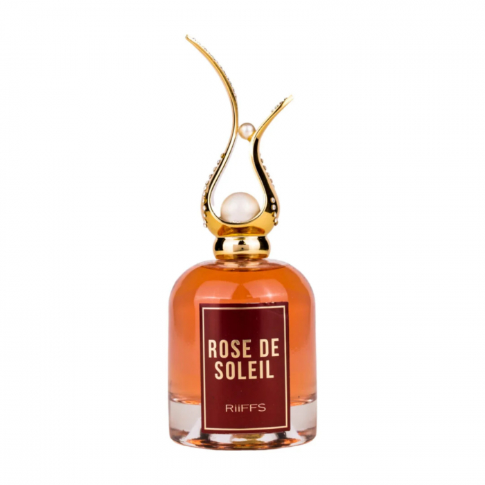 Rose De Soleil de la Riiffs este un parfum arabesc pentru femei, 100ml, cu miere, patchouli și portocală, o aromă floral-gurmandă, dulce și rafinată. [1]