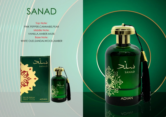 Sanad de la Adyan este un parfum arabesc unisex de 100ml cu canabis, tutun și oud alb, într-o compoziție profundă și misterioasă, cu o bază caldă de ambră și lemn prețios. [2]