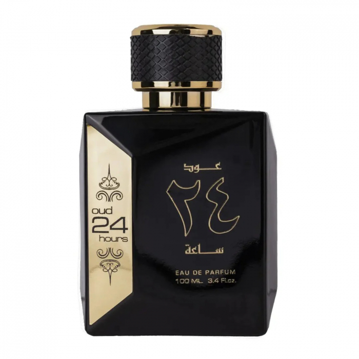 Set Oud 24 Hours de la Ard Al Zaafaran conține parfum unisex 100ml și deodorant 50ml, cu ciocolată, flori și oud, o aromă orientală intensă și gurmandă. [2]