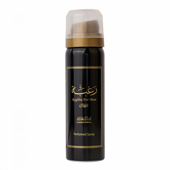 Set Raghba For Man de la Lattafa conține parfum 100ml și deodorant 50ml, cu iris, lămâie și piele – o aromă proaspătă, discretă și rafinată pentru bărbați. [4]