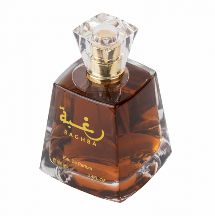 Set Raghba For Woman de la Lattafa conține parfum 100ml și deodorant 50ml, cu vanilie, oud și zahăr – o aromă orientală dulce, caldă și persistentă. [3]