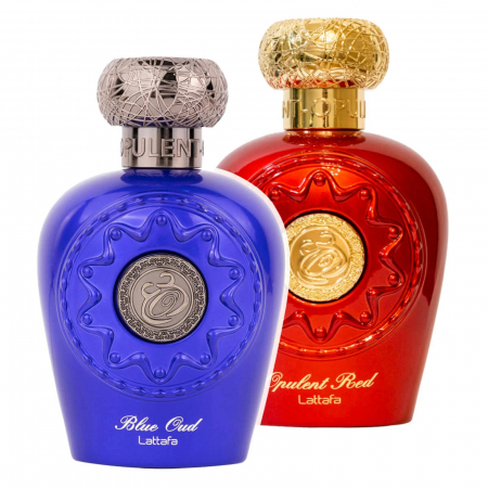 Parfumuri arabesti femei, barbați si unisex - Set Blue Oud + Opulent Red de la Lattafa conține două parfumuri orientale, 100ml, cu note de oud, piersici, coniac și vanilie, intense și elegante.